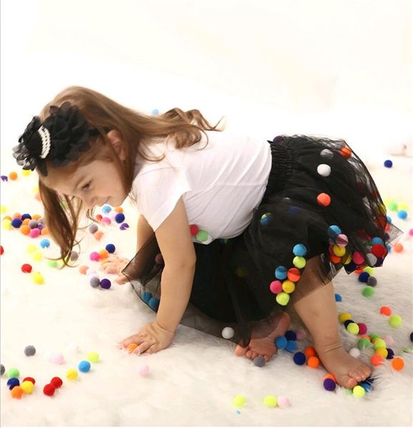 

baby girls tutu skirt tulle princess dress 4-layer fluffy ballet skirt with little pom pom puff ball wq409, Red;yellow