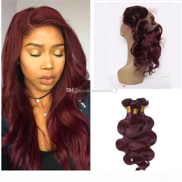 

wine red #99j hair bundles with 360 lace band frontal 22.5x4x2 body wave hair weft with pre plucked 360 lace frontal, Black;brown