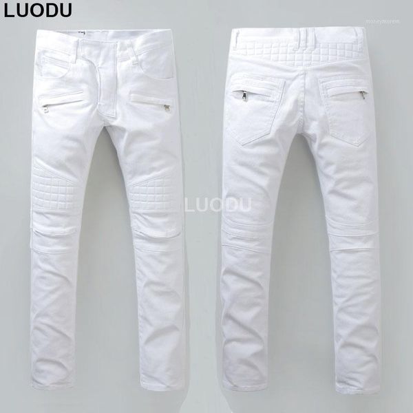 

wholesale- new france style #942# mens stretch moto pants thigh pad white biker jeans slim trousers size 28-421, Blue