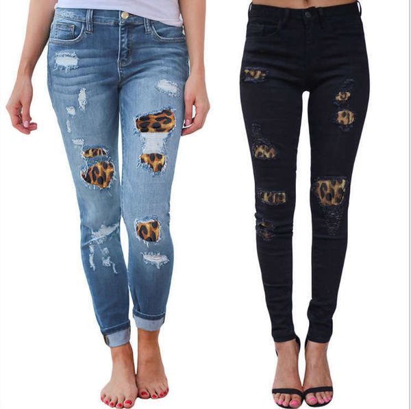 

new casual leopard pattern perforated patch stretch jeans for women in fall / winter 2020, Blue