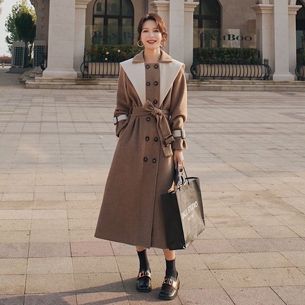 

2021 new women's long new korean winter double-breasted lapel sew loose fashion thread thicken artificial wool coat gz6 ip61, Black