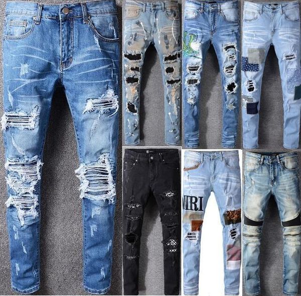 

высококачественные мужские джинсы проблемные упругие джинсы упругие джинсы slim robed hole полоса знаменитые джинсовые мужчины брюки джинсы, Blue