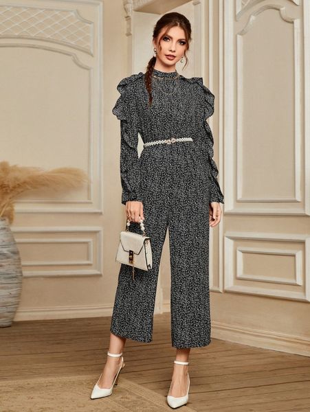 

ditsy floral ruffle trim mock neck jumpsuit without belt q8u4#, White