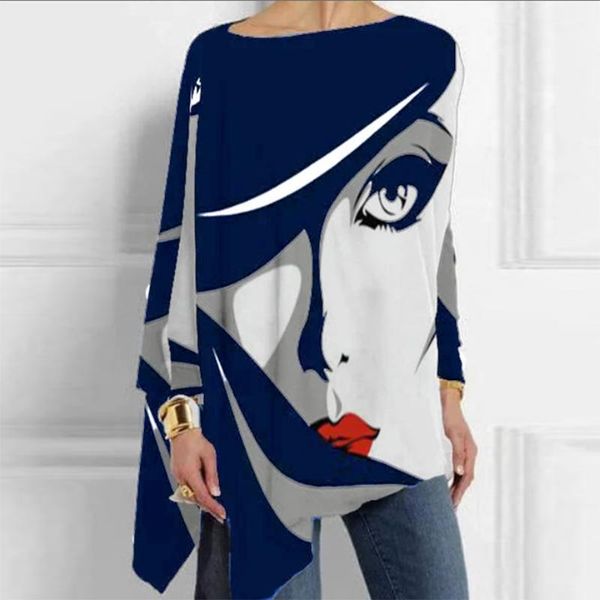 

o neck women retro abstract face print blouse shirts new autumn casual long sleeve pullover ladies irregular blusa, White