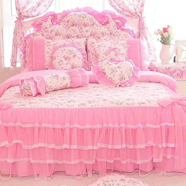 

korean style pink lace bedspread bedding set king  size 4pcs rose print princess duvet cover bed skirts bedclothes cotton home textile