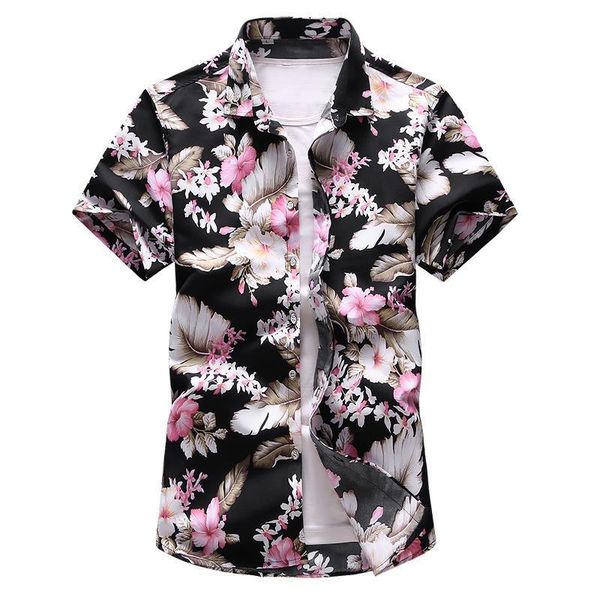 

plus size 7xl 2019 summer floral printed men hawaiian vacation party slim black shirts hip hop male short sleeve casual shirt, White;black