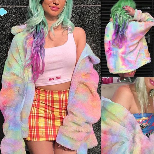 

autumn winter new women furry sweatshirt tie dye zip up oversized warm jackets casual female coats1, Black;brown