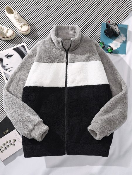 

men colorblock zip up teddy jacket d1mb#, Black;brown