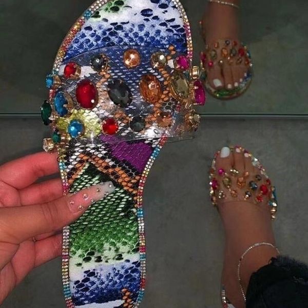 

red/blue snake pattern gem pvc slippers women outdoor candy-colored beach sandals spring summer new ladies bright rhinestones ms y200423, Black