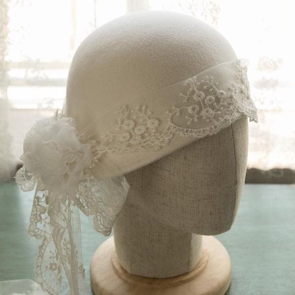 

stingy brim hats luxury lace flower bow casquette cap 100% wool felt beret white woolen pillbox winter spring european women party formal ha, Blue;gray