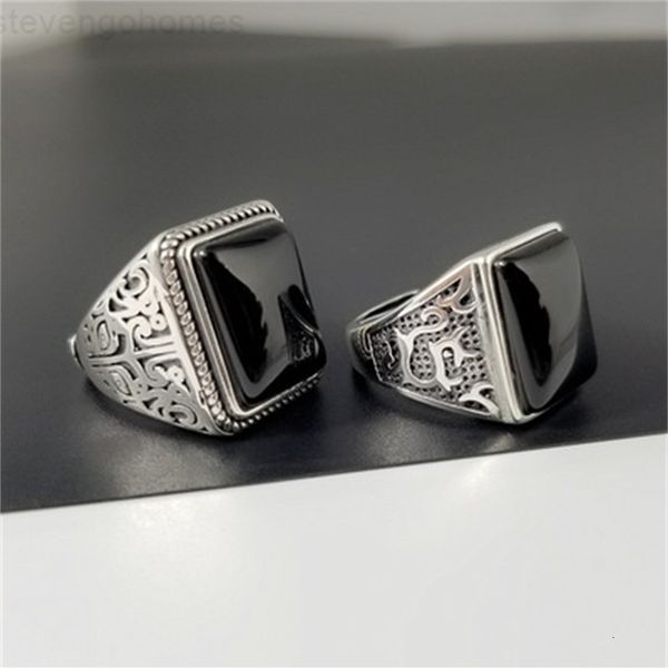 

silver black agate for 925 men sterling retro square natural stone ring jewelry