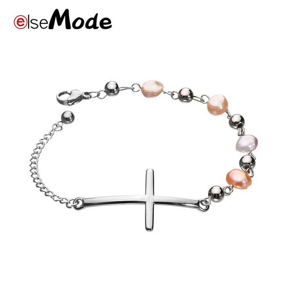 

link, chain elsemode romantic sweet cross christian pearl stainless steel bracelets for women gift religious charm jewelry accessories, Black