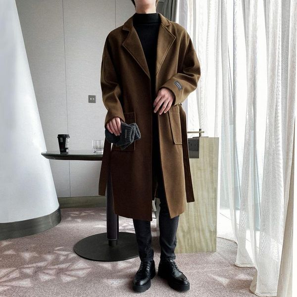 

korean cardigan woolen coat men's warm fashion casual long woolen coat men wild loose winter oversize mens overcoat, Black