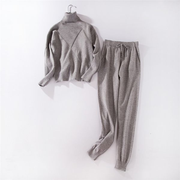 

2021 new women knitted tracksuit turtleneck sweater casual autumn winter 2 piece set knit pants sporting suit femme clothing sk2b, Black;white