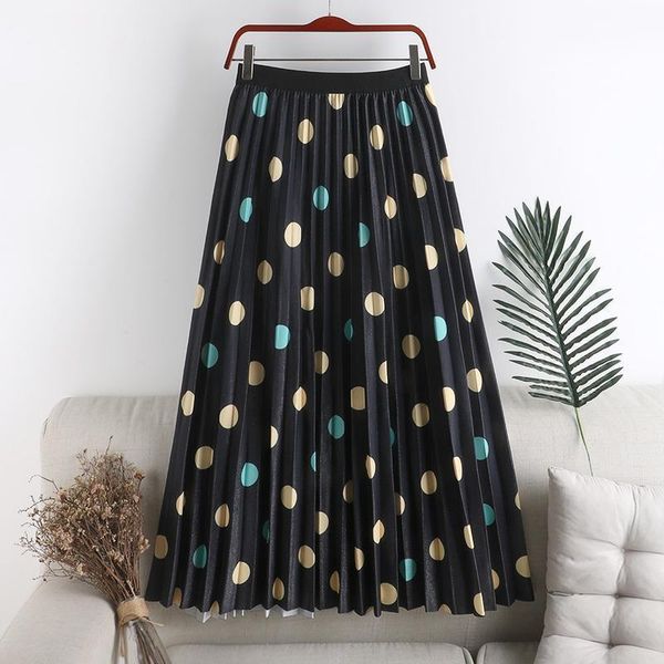 

стирированный юбка в стиле евро высокая талия slim a-line dot print эластичная талия юбка летняя элегантная урожай midi юбки для женщин, Black