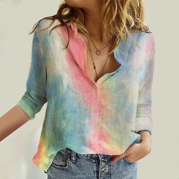 

floral tie dye blouse women casual long sleeves shirt female knot printed boho harajuku blouse au4, White