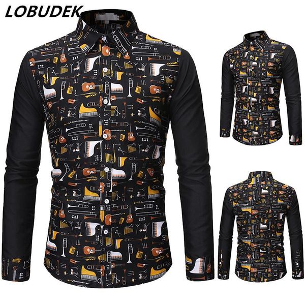

men's casual shirts multiple styles fashion printing slim long sleeve shirt spring autumn male bar nightclub singer stage wear, White;black