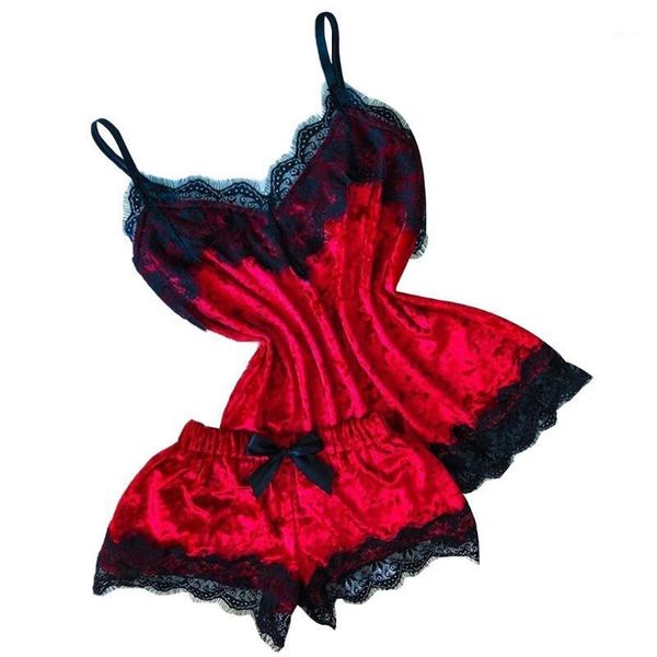 

new women lingerie camisole bow shorts v-neck velvet pajamas sleepwear casual homewear female pyjamas1, Black;red