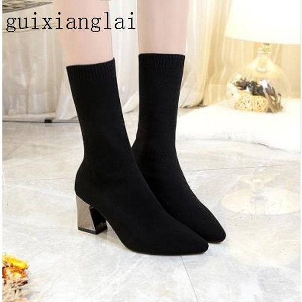 

boots women's shoes spring and autumn stovepipe high-heeled elastic tube socks increased wool, Black