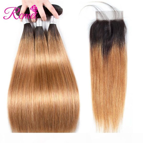 

rcmei 1b 27 ombre человеческих волосы 3 связка с закрытием бразильского прямыми волосами с закрытием nuatural человек связка волос, Black;brown