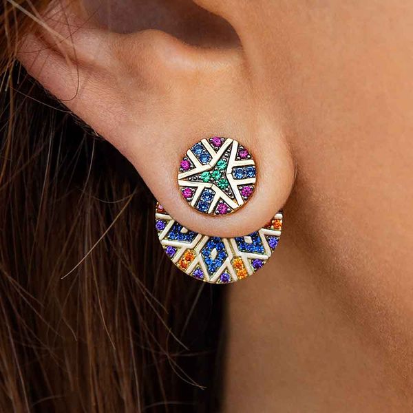 

ethnic style asymmetric charm stud earring vintage personality full rhinestone geometric round dangle eardrop earring for women lady jewelry, Golden;silver