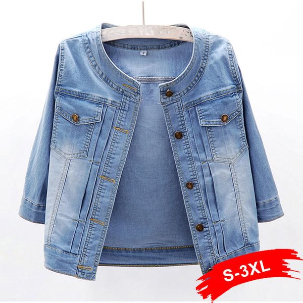 

plus size women round collar light blue cropped jeans jacket xxxl soft thin 3/4 sleeve bomber short denim jackets casual coat 201006, Black;brown