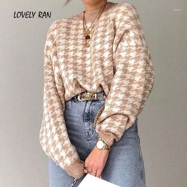 

women's sweaters autumn geometric women's knitted houndstooth o-neck female pullover 2021 winter retro korean ladies jumper street, White;black