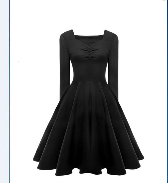 

new hepburn style big swing 2020 one line collar, solid color pompous skirt, long sleeve dress, Black;gray