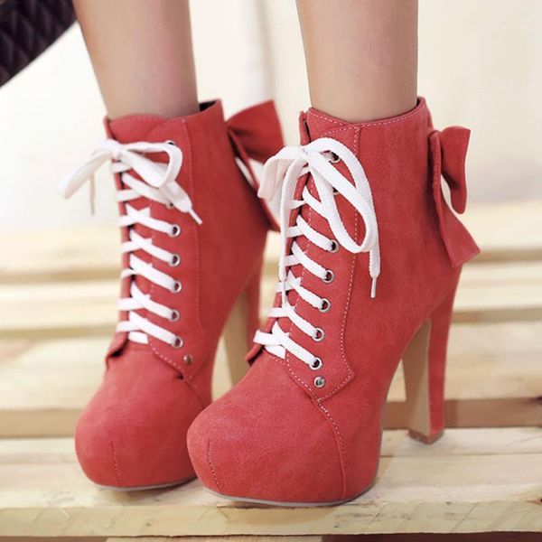 

boots sarairis plus size 31-43 autumn winter booties lace up platform shoes woman fashion sweet bow high heels ankle boots1, Black