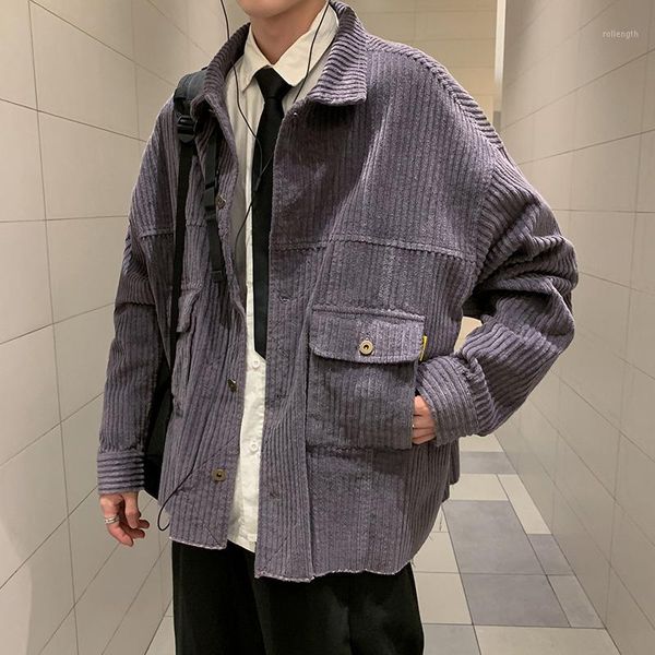 

mens solid corduroy jackets and coats korean fashion designer loose clothes button up windbreaker cotton streetwear for men fall1, Black;brown
