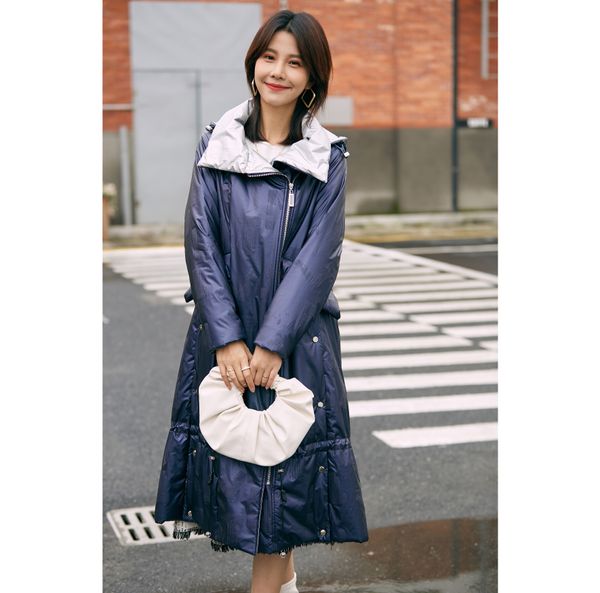 

2020 tongxiang new \fall/winter urban casual mid-length ladies hooded silk down jacket, Black