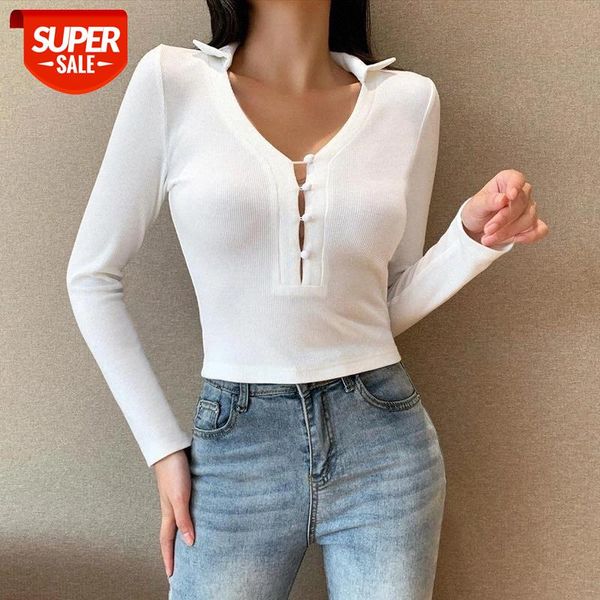 

normov women knitted slim solid white turn-down collar cotton short sheath button female tees pullovers #hl2z