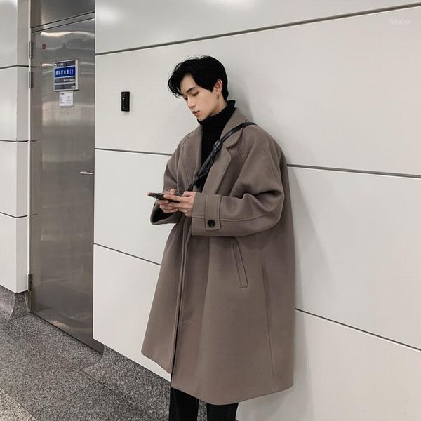 

2021 new men autumn winter wool blends trench coats suit solid color korea style jacket male loose casual long clothing d1801, Black