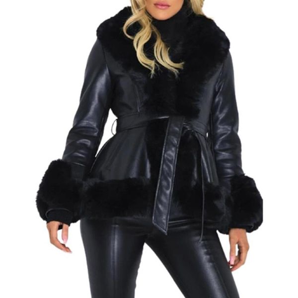 

western style faux fur overcoat autumn winter fashion designer hipster thin pu fur collar splicing long sleeve, Black