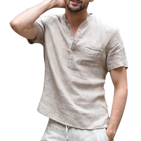 

men solid color button v neck patch pocket linen short sleeve t-shirt summer men's clothing, White;black