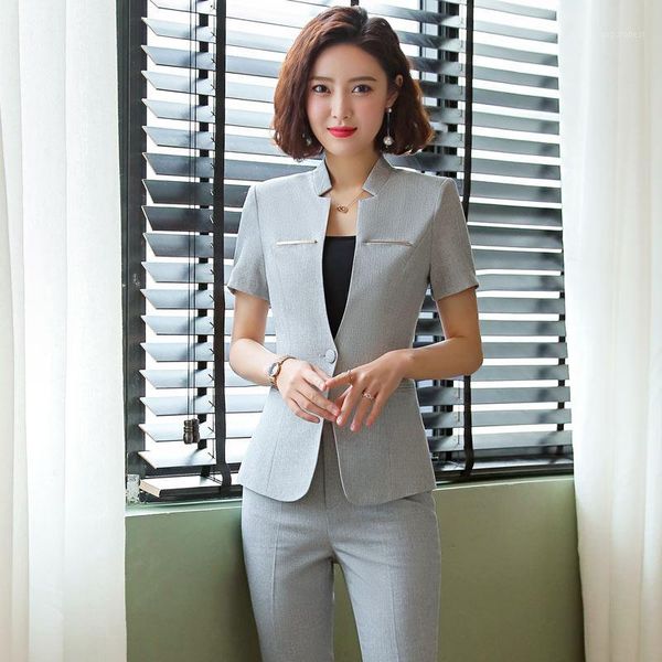 

summer formal office ladies pant suits for women business suits grey blazer and jacket sets work wear uniform styles1, White