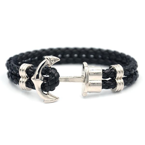 

junwei men double-deck boat anchor weave chain leather bracelets black rope gold anchor ju jllkfh