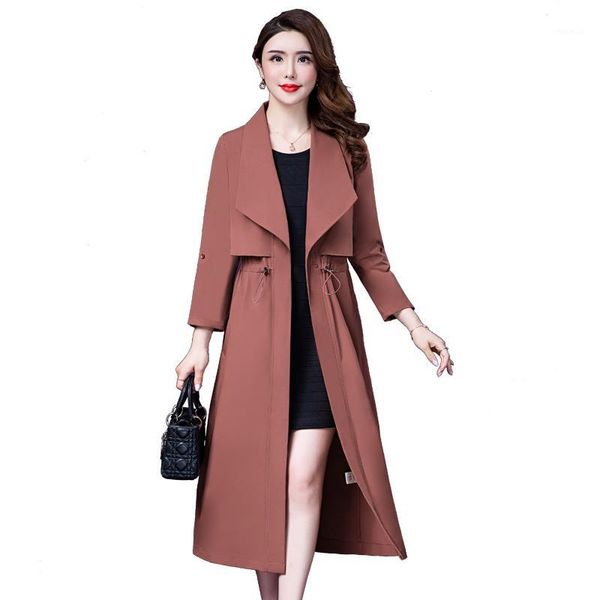 

fashion windbreaker autumn large size women long drawstring waist solid color large lapel slimming temperament trench coat d851, Tan;black