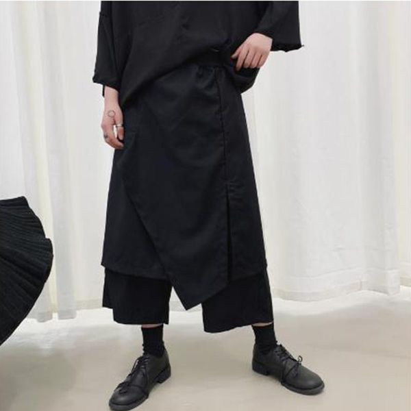 

men's trousers spring casual baggy wide-leg trousers fake two men's skirts hip hop punk gothic yamamoto style, Black