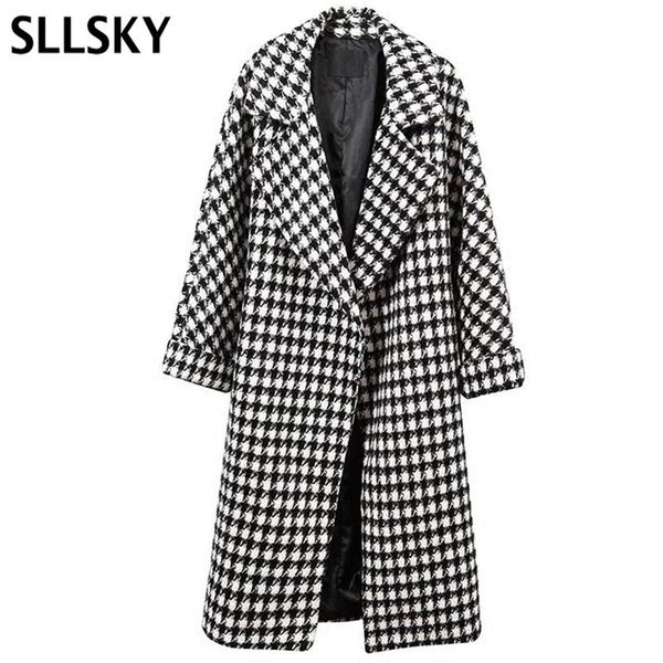 

women's wool & blends sllsky plaid winter coat women thick warm black white casual long turn-down collar loose soft 2021