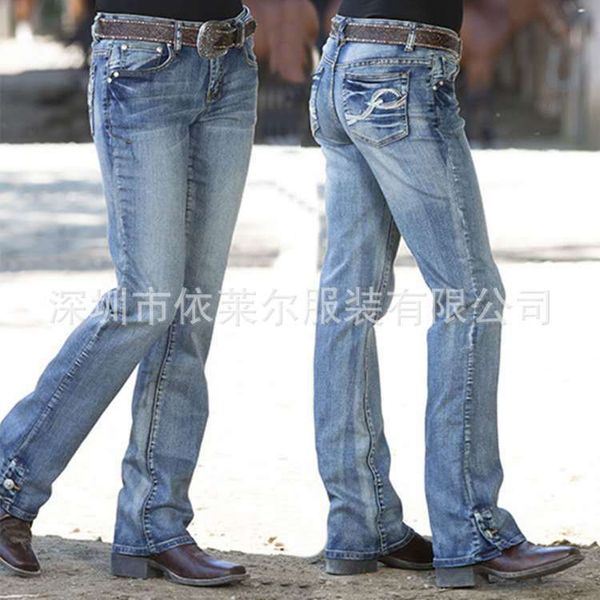 

selling embroidered washed button flared women's long jeans, Blue