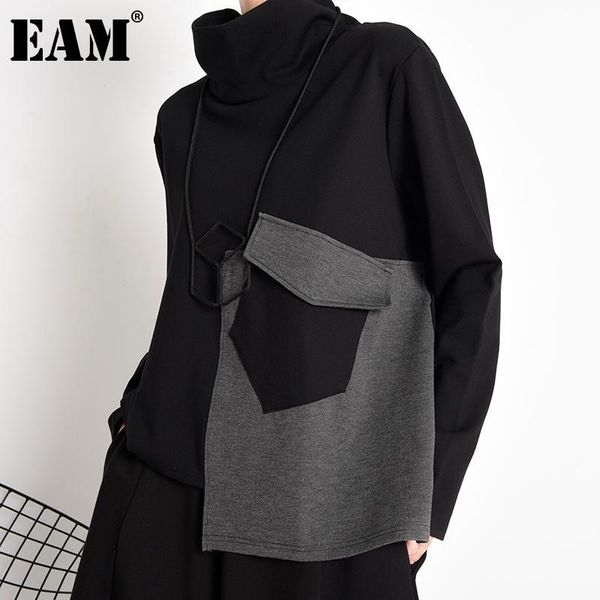 

eam] loose fit pocket black gray sweatshirt new turtleneck long sleeve women big size fashion tide spring autumn 2020 1z33801