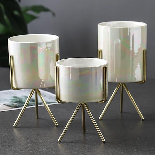 

nordic style vases pearl color ceramic flower pot geometric metal rack plant flower vase indoor garden vase decoration home