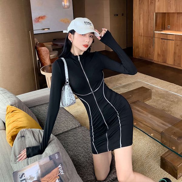 

fashion ins autumn new women's reflective zipper cardigan hip wrap dress 6063gt538, Black;gray