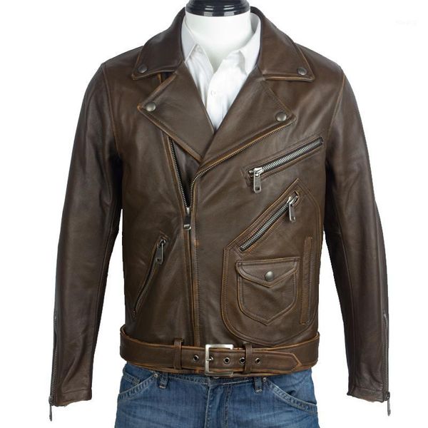 

2020 vintage brown men american style motorcycle leather jacket large size xxxxl genuine thick cowhide slim fit biker's coat1, Black