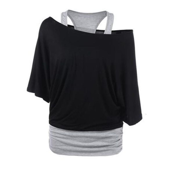 

перекос ошейник цвет блока черный серый оверлей асимметричный тройник двух тон футболки женские повседневные вершины летняя футболка лета, White