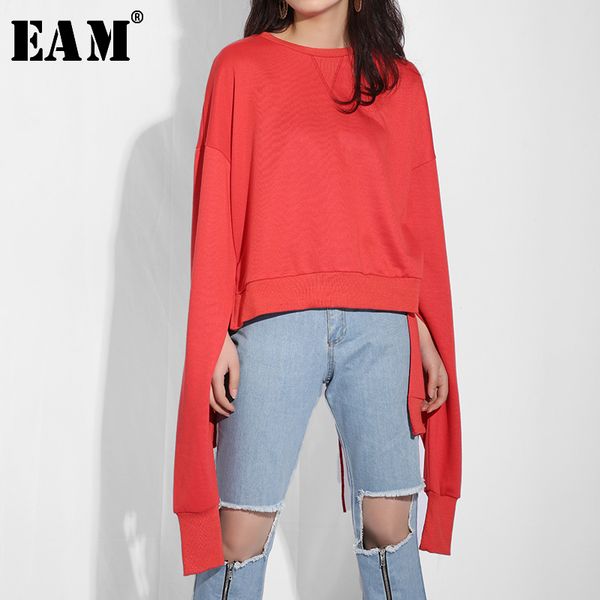 

[eam] 2020 new spring summer round neck long sleeve back hollow out bandage personality big size sweatshirt women fashion lj201102, Black