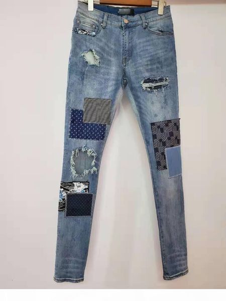 

new arrival am mens designer jeans fashion denim high street elastic patchwork ancient jeans spliced ripped biker pant us size, Blue