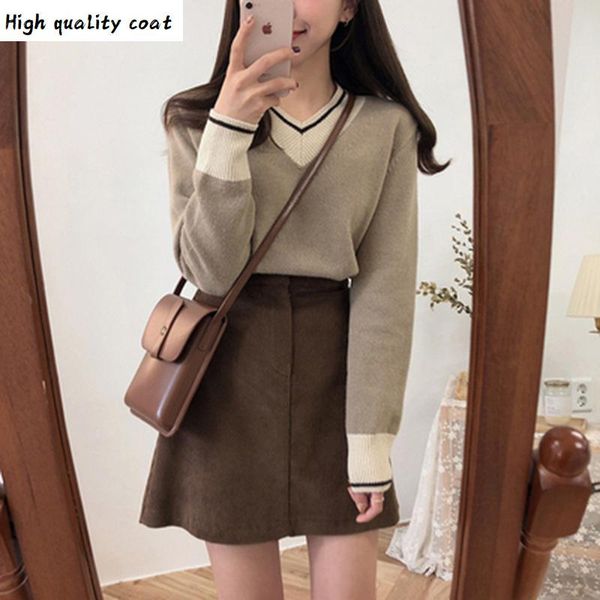 

pullovers winter sweaters womenn fashion long sleeve casual v neck knitted blue brown cute preppy style sweater, White;black