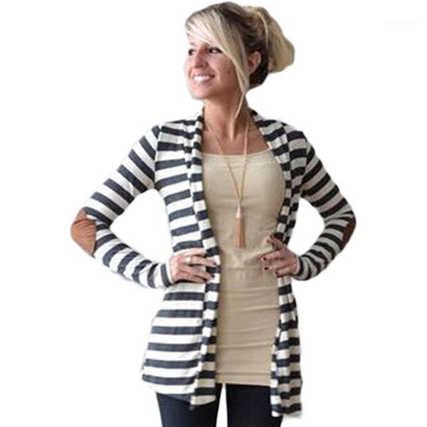 

autumn cardigan women elbow patch long sleeve shawl collar striped open front cardigans sweater knitted jackets womens coat1, Black;brown